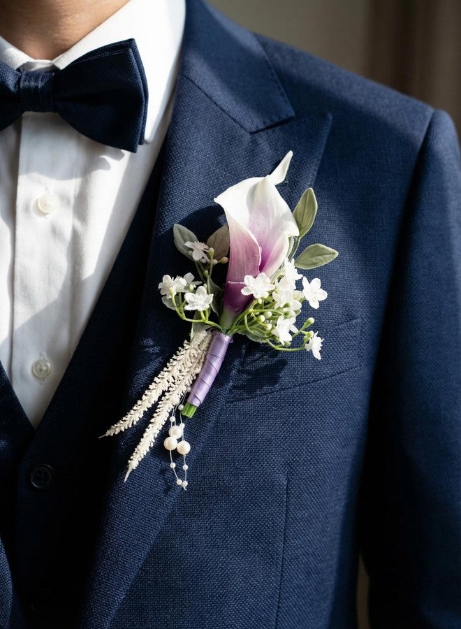 PartyforU Purple Boutonniere and Corsage Set, Prom Boutonniere Wrist Corsages Kit for Men Women Party, Wedding Boutonnieres and Corsage Wristlet for Groom Groomsmen Bride Bridesmaid - Image 4