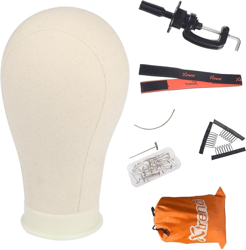 Xtrend 2124 Poly Canvas Block Head Professional Mannequin Canvas Head for Making DryingStyling Wigs with Table Clamp Stand 22 Inch