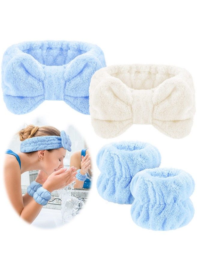 Chuangdi 4 Pcs Spa Headband Wrist Washband Scrunchies Cuffs For Washing Face Towel Wristbands Hair Headband Face Wash Wristband For Women Girls Makeup Prevent Liquids From Spilling (Light Blue White) - Image 2