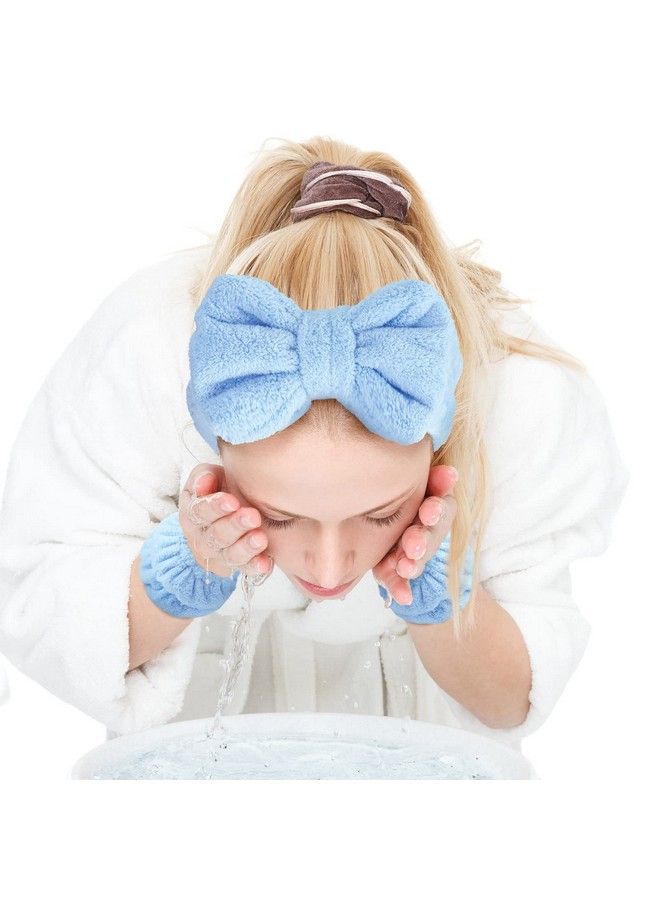 Chuangdi 4 Pcs Spa Headband Wrist Washband Scrunchies Cuffs For Washing Face Towel Wristbands Hair Headband Face Wash Wristband For Women Girls Makeup Prevent Liquids From Spilling (Light Blue White) - Image 5
