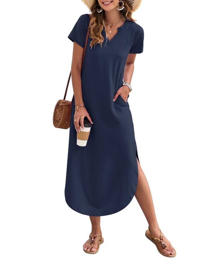MISFAY Women's Summer Casual Maxi Dress 2026 Short Sleeves V Neck Loose Sundress Split Long Beach T Shirt Dress Vacation Outfits(Navy,M) - Image 1