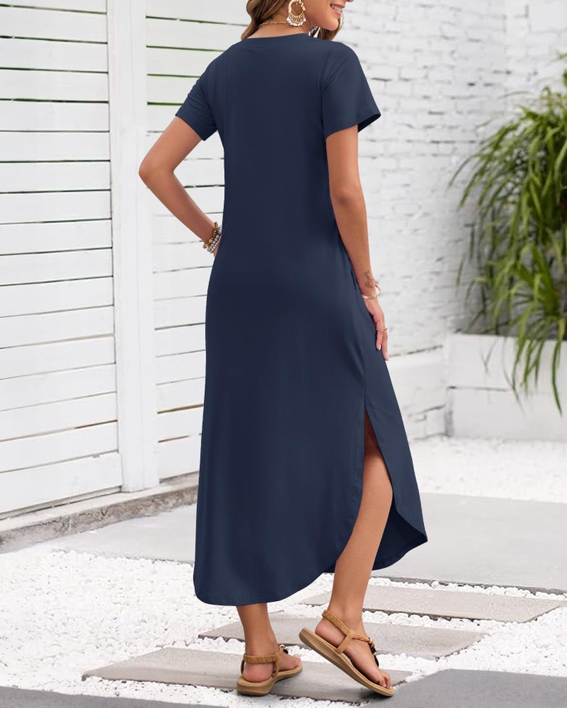 MISFAY Women's Summer Casual Maxi Dress 2026 Short Sleeves V Neck Loose Sundress Split Long Beach T Shirt Dress Vacation Outfits(Navy,M) - Image 3
