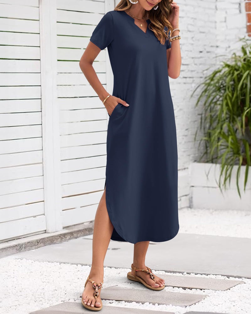 MISFAY Women's Summer Casual Maxi Dress 2026 Short Sleeves V Neck Loose Sundress Split Long Beach T Shirt Dress Vacation Outfits(Navy,M) - Image 2