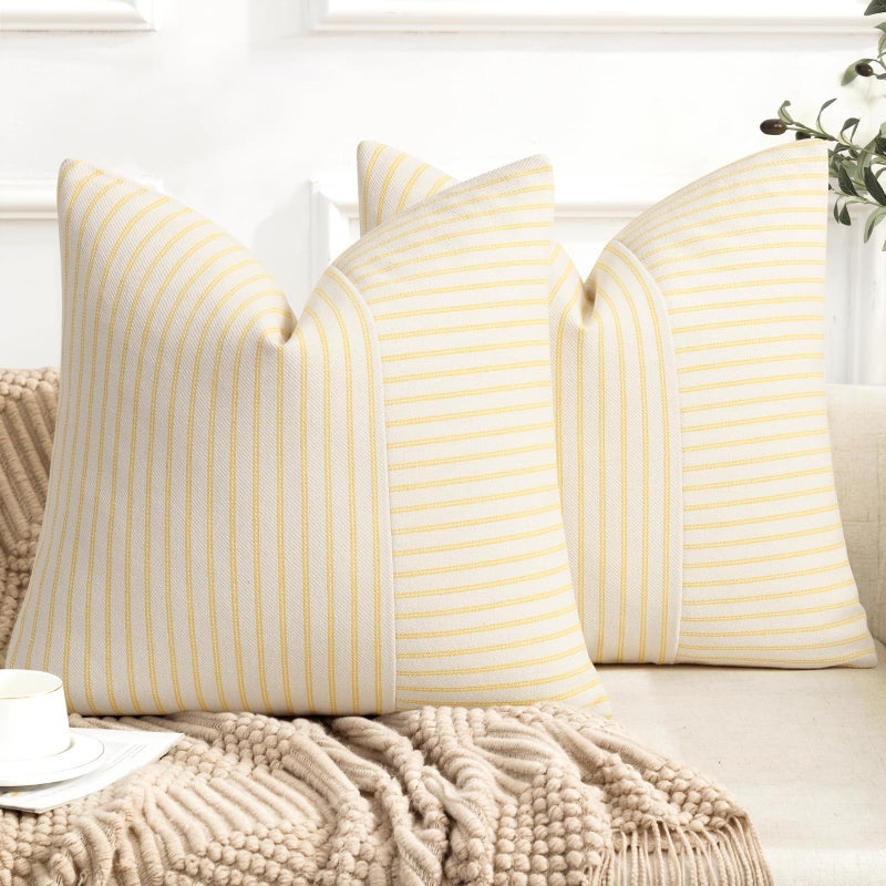 Farmhouse Pillow Covers 22x22 Modern Accent Square Throw Pillow Covers Set of 2 Yellow and Beige Striped Patchwork Linen Decorative Pillows Cushion Covers for Couch Chair