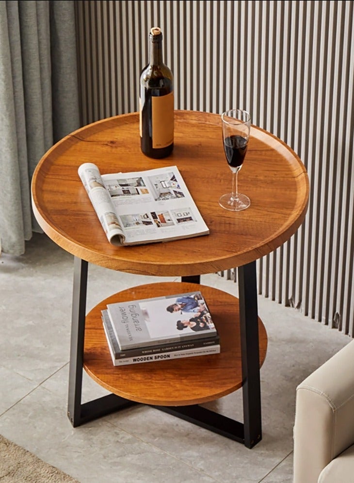 VUCATIN 2-Tier Round Side Table with Storage Shelf Edge Protection Tray Sturdy Metal Frame Coffee Table Bedside Table for Living Room Bedroom Small Spaces (Light Brown 60 * 50cm) - Image 1