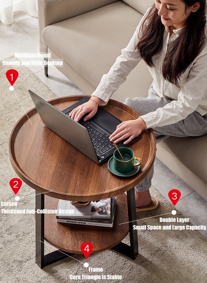 VUCATIN 2-Tier Round Side Table with Storage Shelf Edge Protection Tray Sturdy Metal Frame Coffee Table Bedside Table for Living Room Bedroom Small Spaces (Light Brown 60 * 50cm) - Image 2