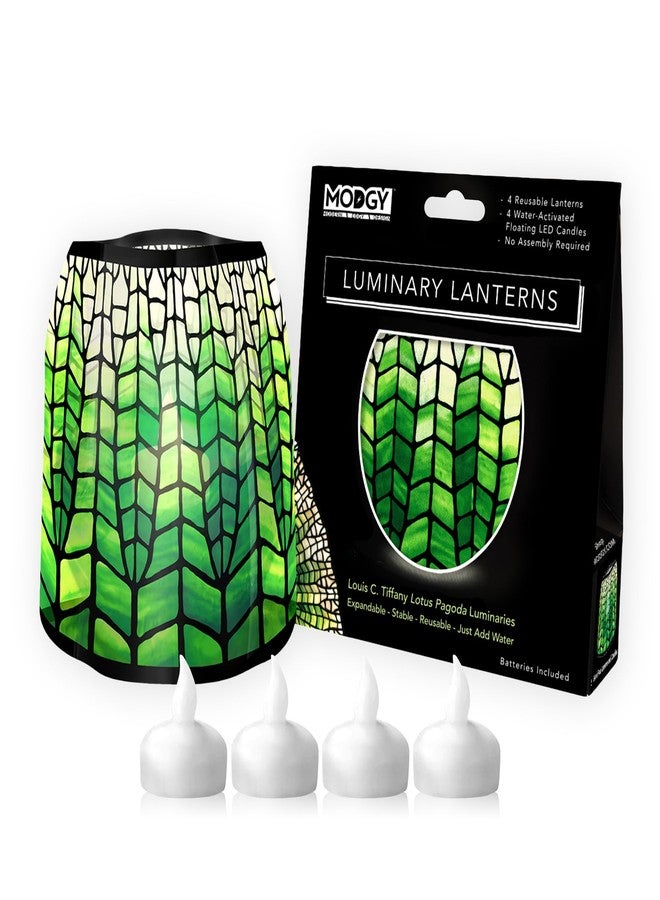 MODGY Luminary Lanterns Candle Holder Decorative Indoor Outdoor Decor, Lanterns for Wedding Centerpiece Decor Patio 4-Pack, with Flameless Floating LED Candles Louis C. Tiffany Green Lotus Pagoda - Image 1