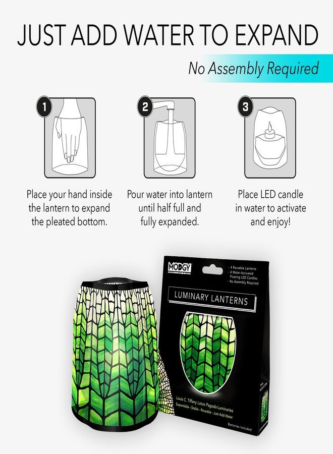 MODGY Luminary Lanterns Candle Holder Decorative Indoor Outdoor Decor, Lanterns for Wedding Centerpiece Decor Patio 4-Pack, with Flameless Floating LED Candles Louis C. Tiffany Green Lotus Pagoda - Image 4