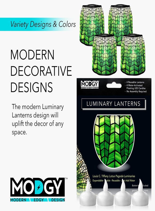 MODGY Luminary Lanterns Candle Holder Decorative Indoor Outdoor Decor, Lanterns for Wedding Centerpiece Decor Patio 4-Pack, with Flameless Floating LED Candles Louis C. Tiffany Green Lotus Pagoda - Image 5