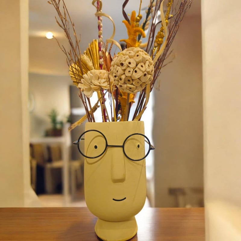 ARTISANS BAZAR Ceramic Beige Face With Glasses Vase 2286 cm Set of 1 Rough Textured Decorative Face Vase for Dried Flowers and Pampas Grass Living Room Office Decor With Dried Flowers WHITE - Image 2