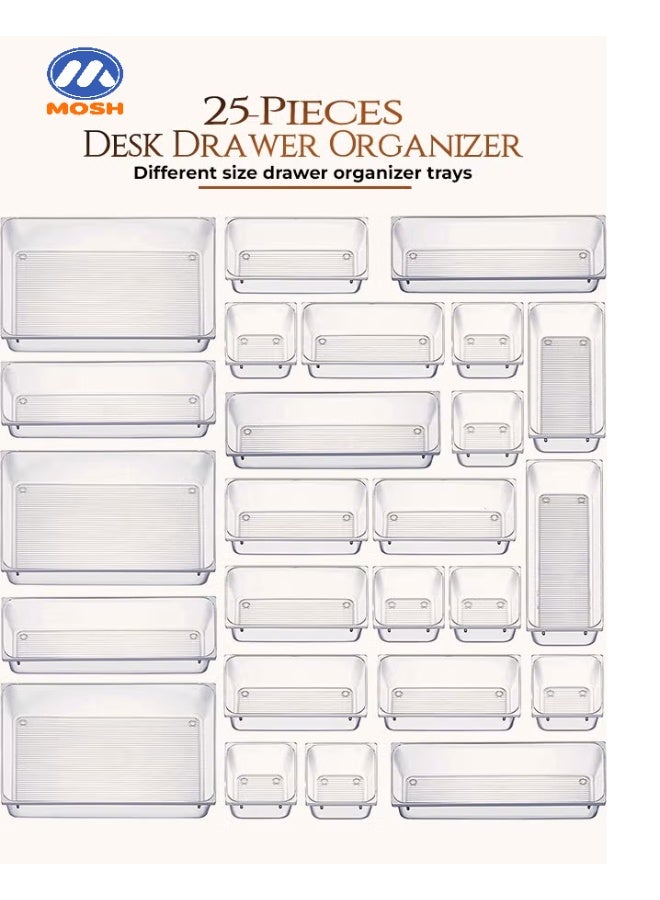 MOSH 25 piece Clear Plastic Drawer Organizer Tray, Drawer Dividers Storage Bins For Bathroom, Vanity & Accessories Storage, Small & Large Plastic Containers For Makeup, Kitchen & Utensils. - Image 1