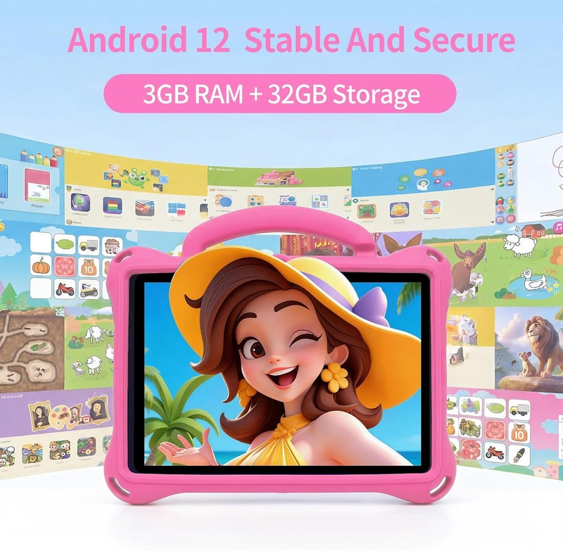 ZEKAROUL 7 بوصة جهاز لوحي للأطفال، رباعي النواة أندرويد 12 2 جيجابايت 32 جيجابايت، تحكم أبوي، حماية للعين، غطاء مقاوم للصدمات، كاميرا مزدوجة، واي فاي، بلوتوث، جهاز لوحي تعليمي للأطفال - حقيبة (وردي) - Image 3