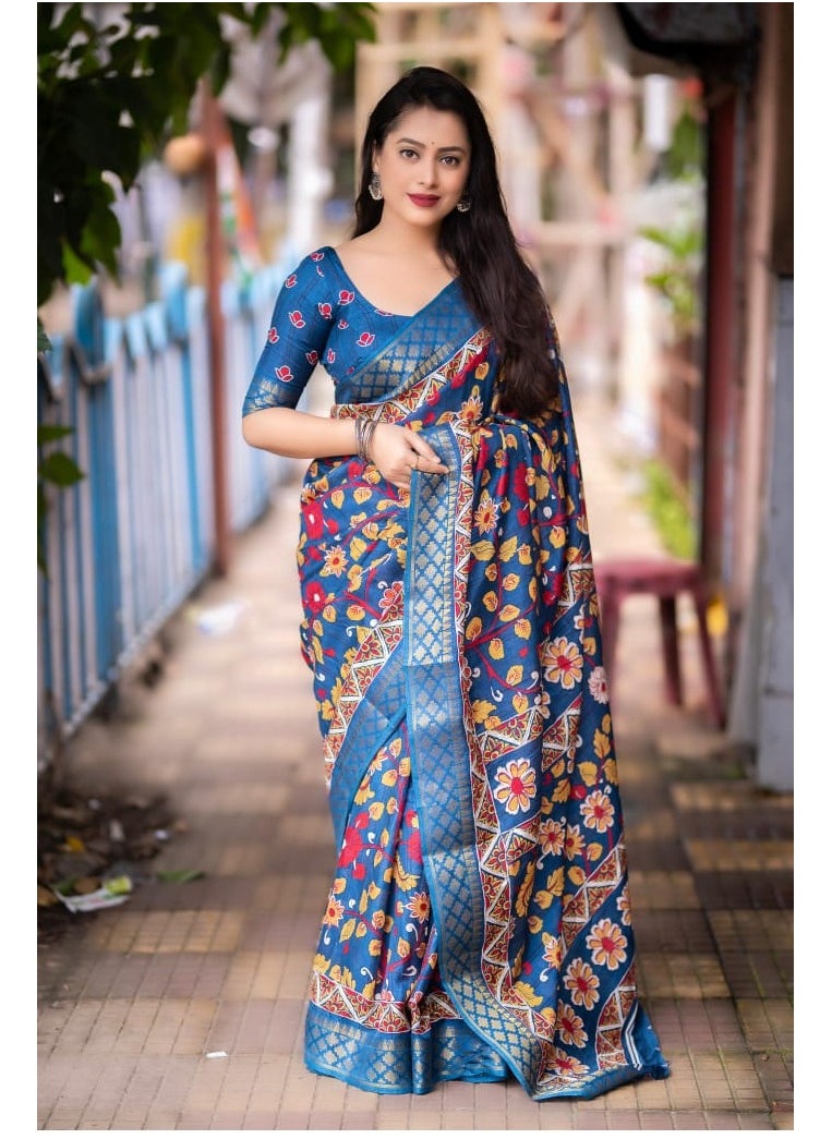 Grab Mantra - Handloom Soft Slub Silk Kalamkari Printed Teal Blue Saree With Unstitched Blouse - Image 1