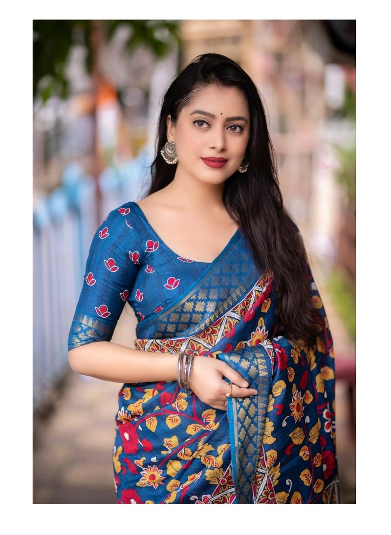 Grab Mantra - Handloom Soft Slub Silk Kalamkari Printed Teal Blue Saree With Unstitched Blouse - Image 1