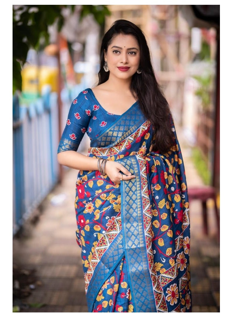 Grab Mantra - Handloom Soft Slub Silk Kalamkari Printed Teal Blue Saree With Unstitched Blouse - Image 1