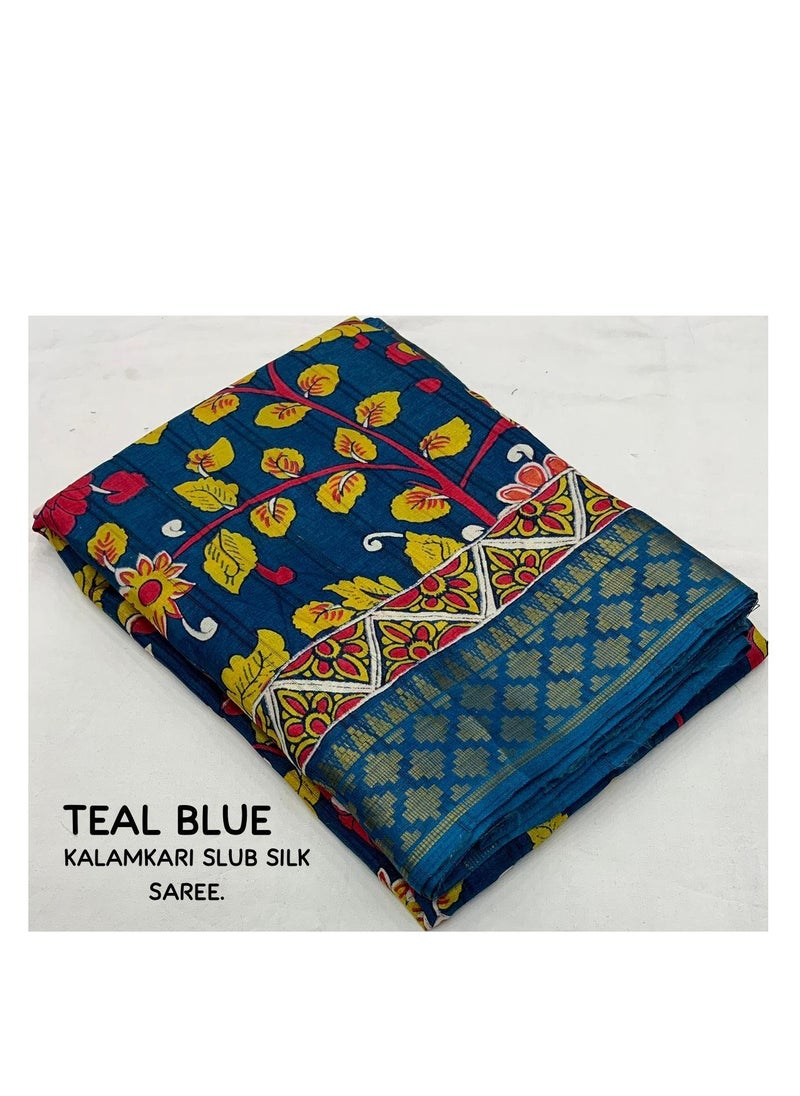 Grab Mantra - Handloom Soft Slub Silk Kalamkari Printed Teal Blue Saree With Unstitched Blouse - Image 1