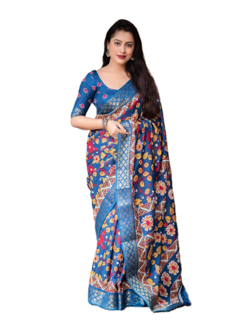 Grab Mantra - Handloom Soft Slub Silk Kalamkari Printed Teal Blue Saree With Unstitched Blouse - Image 1