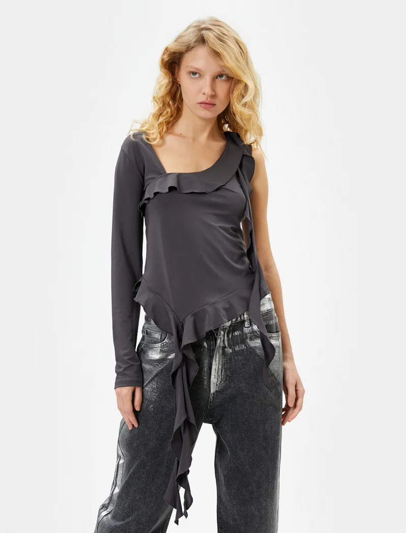 KOTON Koton Frilly Sleeveless Blouse Asymmetrical Cut Round Neck