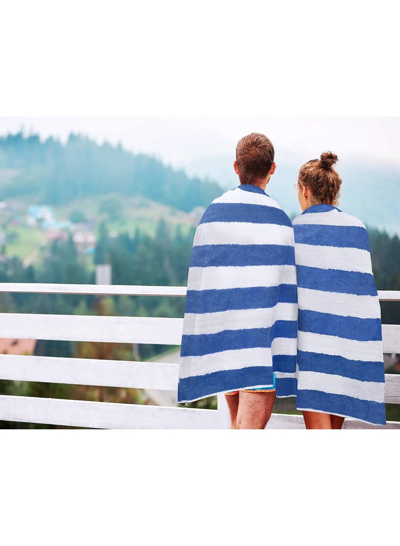 فابينني عبوة من قطعتين من مناشف الشاطئ القطنية 100%، مقاس 30×60 بوصة، بنمط مخطط، مناسبة لحمامات السباحة، مصنوعة من القطن، مقاس 76×152 سم، تتميز بقدرة امتصاص عالية وسرعة جفاف فائقة، لون أزرق. - Image 2