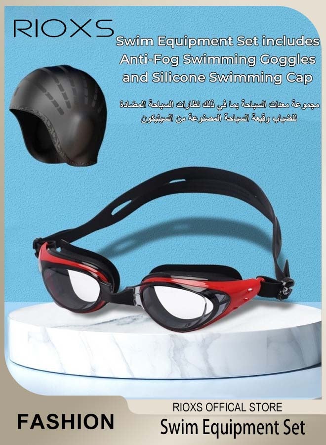 RIOXS Swim Equipment Set Anti-Fog UV Resistant Wide Clear Vision Swimming Goggles and Silicone Swimming Cap with Waterproof Ear Protection for Adults Men and Women - Image 1