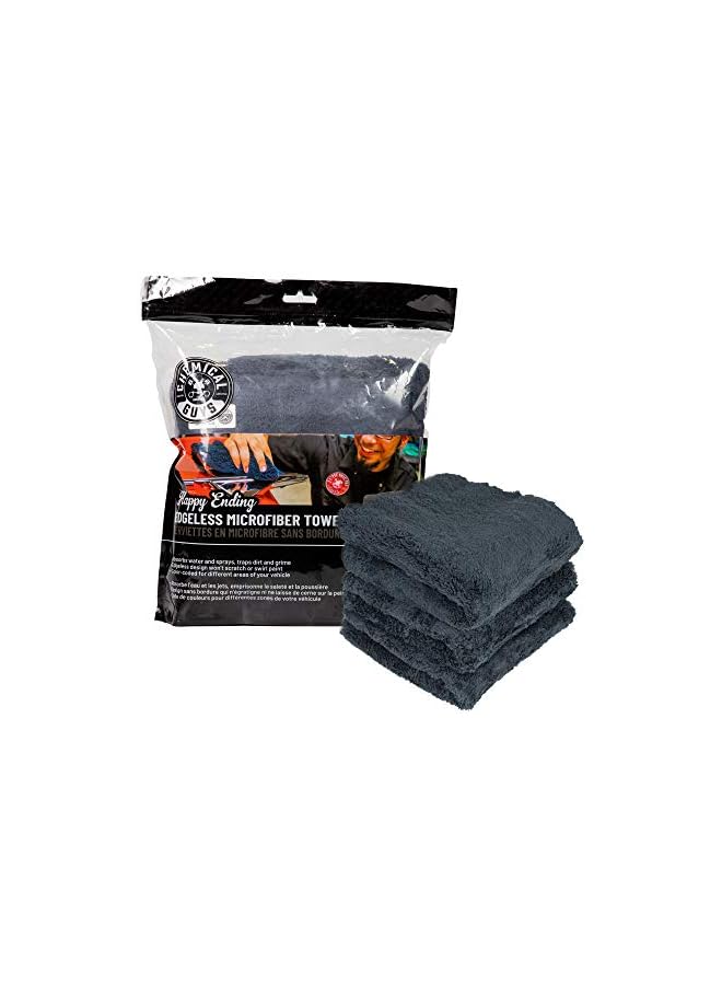Chemical Guys Happy Ending Edgeless Microfiber Towel, Black, 16" x 16" (3 Pack), MIC34703