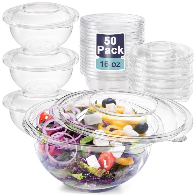 50 PACK 16OZ PLASTIC SALAD BOWLS WITH LIDS SMALL CLEAR DISPOSABLE CONTAINERS FOR SALAD MEAL PREP PERFECT FOR PICNICS OR AS A TOGO SERVING BOWL
