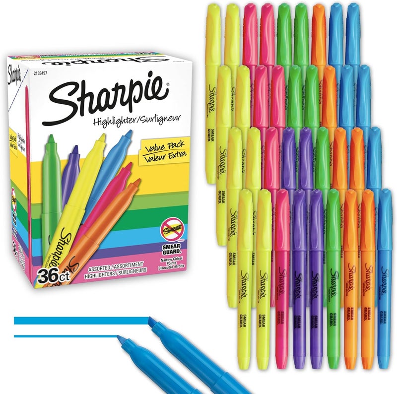 Sharpie Pocket Highlighters Narrow Chisel Tip Highlighter Marker Set Pack Of 36 In 6 Assorted Fluorescent And Pastel Highlighters Ideal For Office Teacher And School Supplies - Image 1