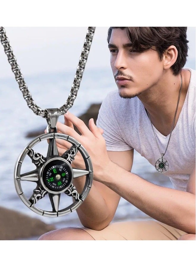 xozgdovg Compass Pendant Necklace Cool Retro Fashion Titanium Steel for Men Women Silver - Image 2