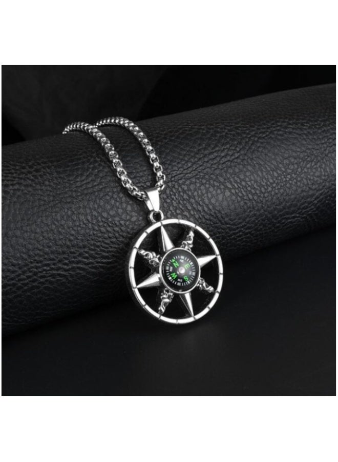xozgdovg Compass Pendant Necklace Cool Retro Fashion Titanium Steel for Men Women Silver - Image 4