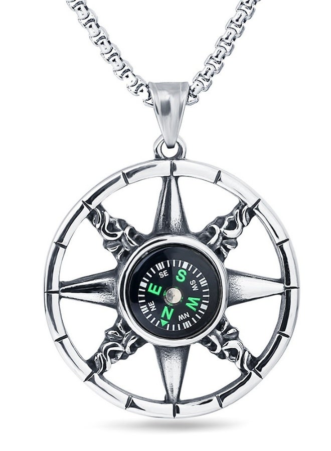 xozgdovg Compass Pendant Necklace Cool Retro Fashion Titanium Steel for Men Women Silver - Image 1