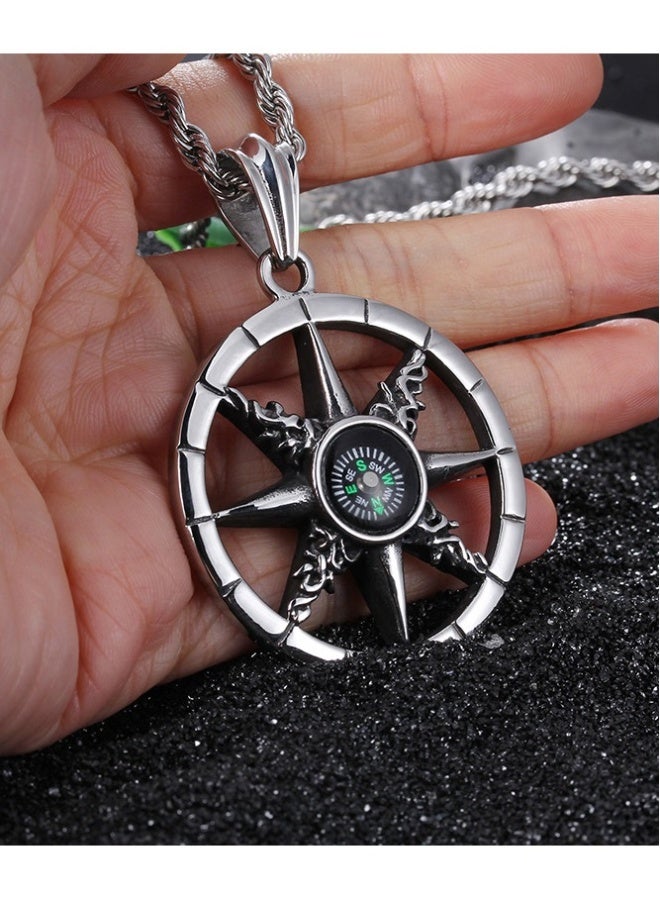 xozgdovg Compass Pendant Necklace Cool Retro Fashion Titanium Steel for Men Women Silver - Image 3