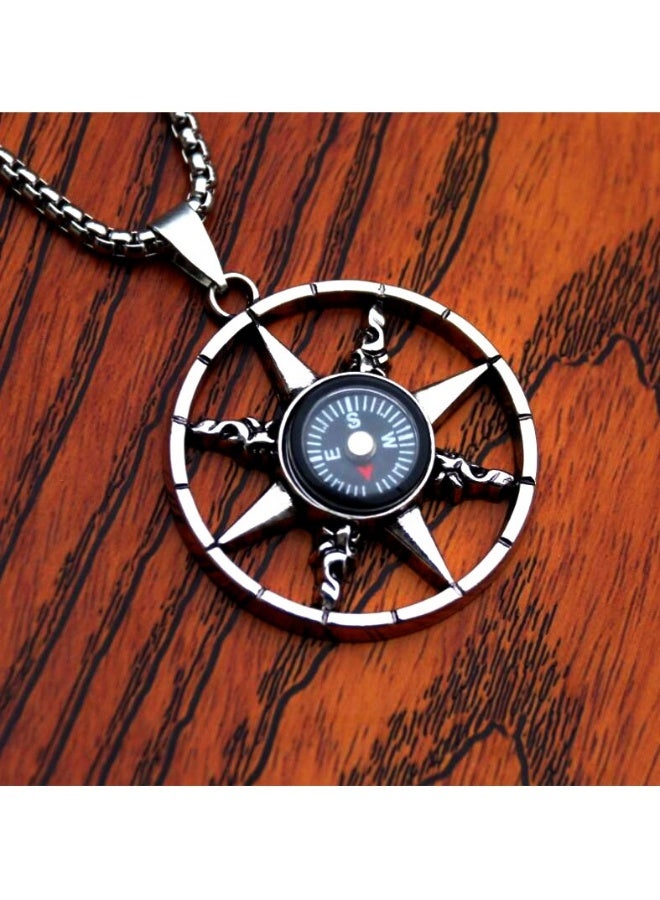 xozgdovg Compass Pendant Necklace Cool Retro Fashion Titanium Steel for Men Women Silver - Image 5
