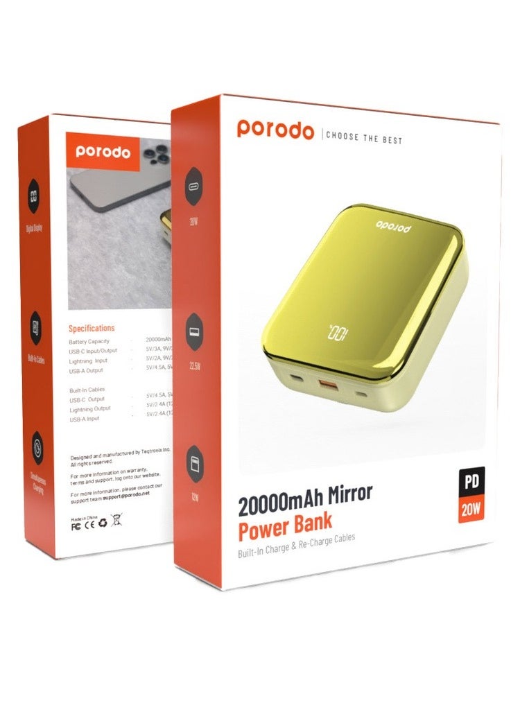 porodo - Porodo Mirror Compact Power Bank 20000mAh with Out Cable USB-A, Type-C and Lightning, 20W Power Delivery, Simultaneous Charging, Compatible with iPhone, Samsung, etc - Gold - Image 1