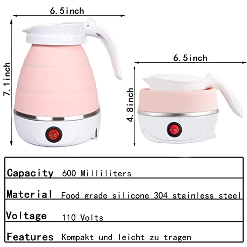 resgitiati Travel Kettle Electric Small Foldable Portable Kettle,Silicone Collapsible Heating Water Boiler Tea Pot for Camping,Easy for Storage with Separable Power Cord (Pink) - Image 3
