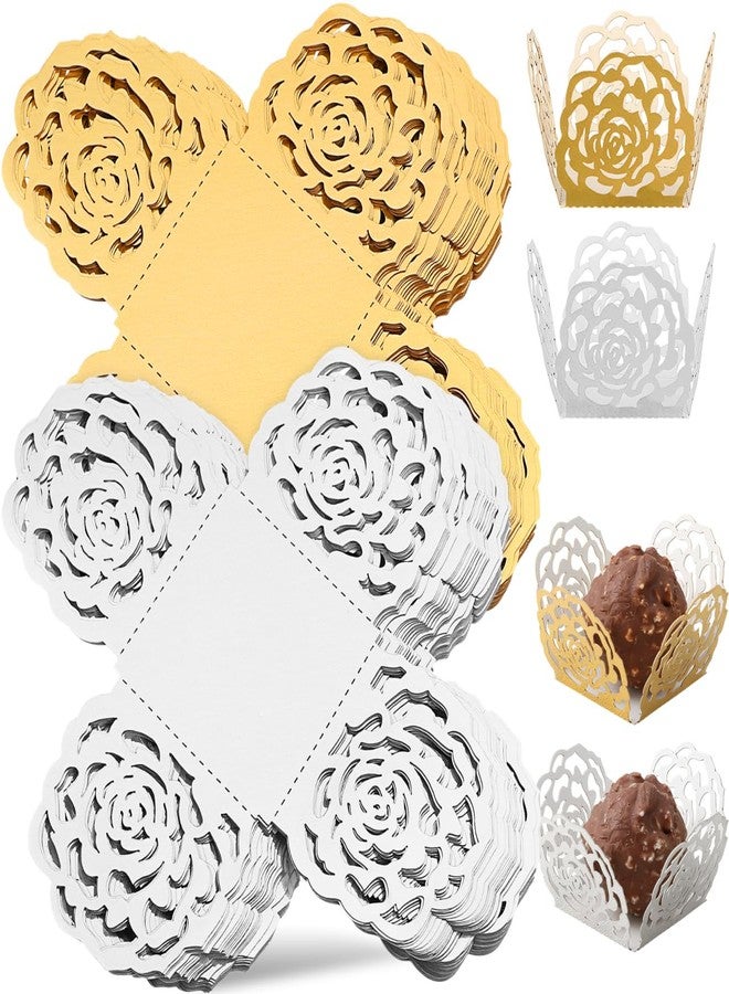 UKCOCO Hollow Rose Lace Paper Truffle Cups 100 Pcs Gold – Food-Safe Floral Design Non-Stick – for Brigadeiro Chocolate Desserts Birthday Wedding Shower Decor for Cupcake Baking Candy Packaging - Image 1