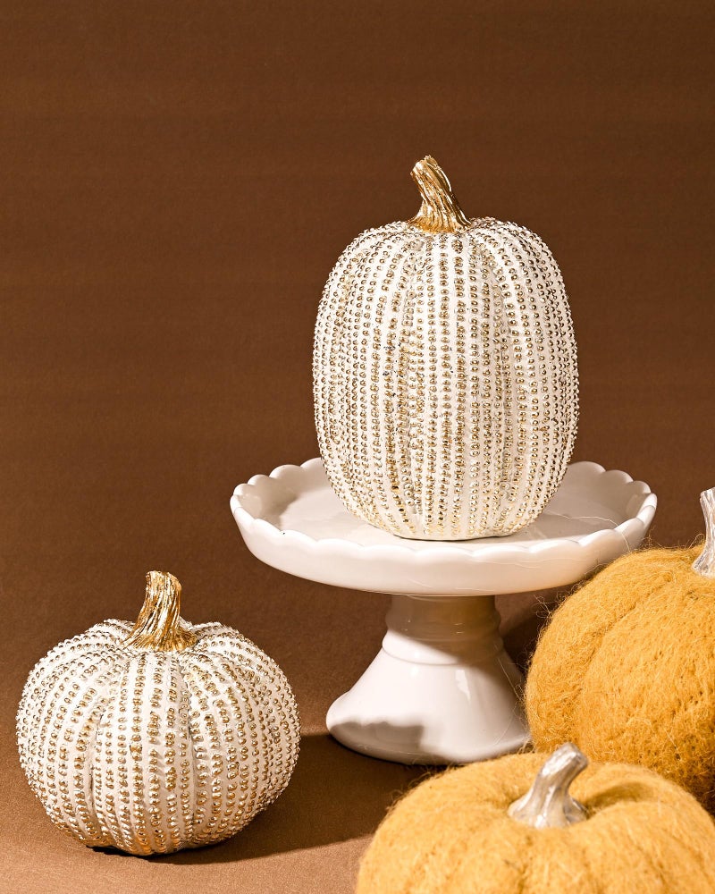 DN DECONATION Fall Thanksgiving Pumpkin Decor Figurine Clearance 2 PCS Fake Pumpkin Statues for HelloweenTabletop Decorating White and Gold Resin Pumpkins for Autumn Harvest Home Decor Farmhouse Gift Package