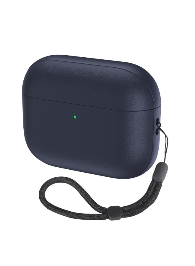 AirPods Pro 3 Case: Soft PU Leather AirPod Pro 3 Case with Lanyard - Shock-Proof Protective TPU Cover (Dark blue) - Image 1