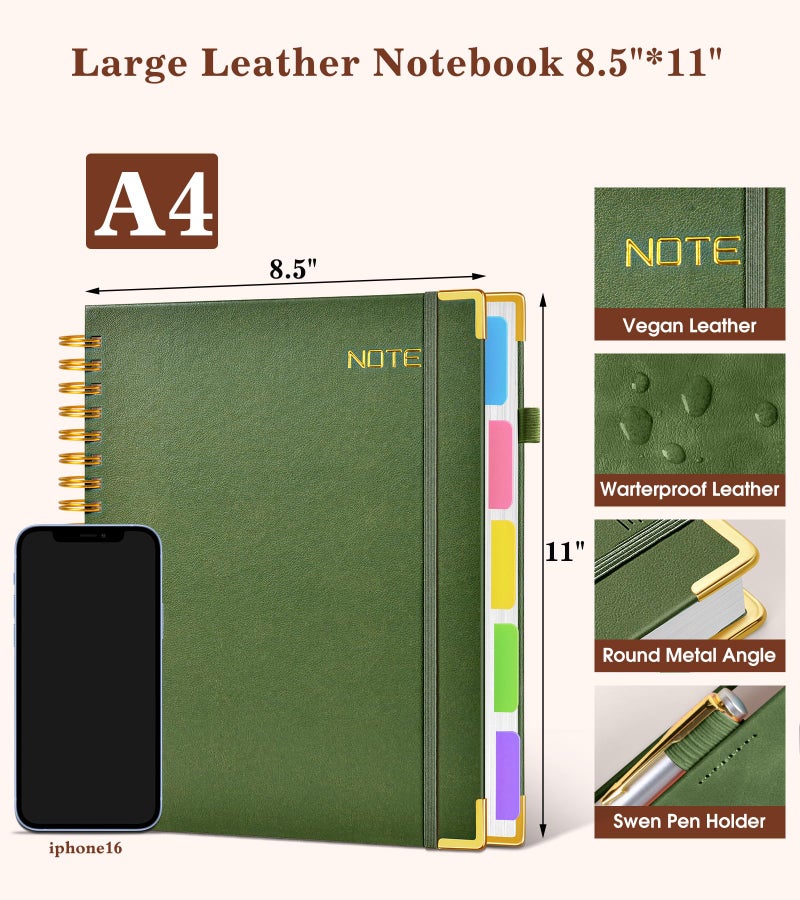 dilitego Hardcover Large Spiral Notebook 8.5" x 11" with Removable Dividers Tabs, 300 pages Leather 5 Subject Notebook College Ruled, A4 Journal for Women Men, Notebooks for Work School Note taking, Green - Image 2