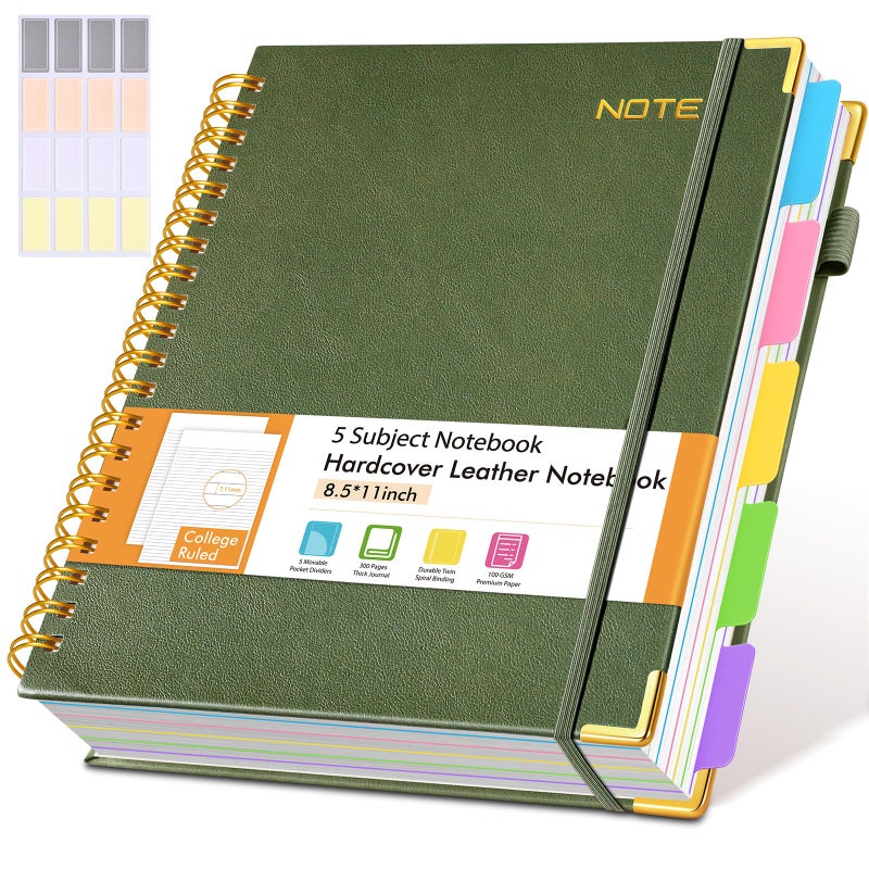 dilitego Hardcover Large Spiral Notebook 8.5" x 11" with Removable Dividers Tabs, 300 pages Leather 5 Subject Notebook College Ruled, A4 Journal for Women Men, Notebooks for Work School Note taking, Green - Image 1