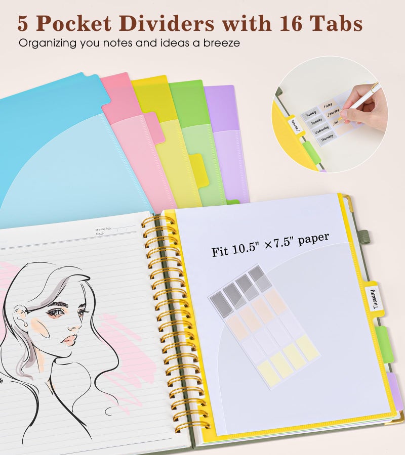 dilitego Hardcover Large Spiral Notebook 8.5" x 11" with Removable Dividers Tabs, 300 pages Leather 5 Subject Notebook College Ruled, A4 Journal for Women Men, Notebooks for Work School Note taking, Green - Image 4