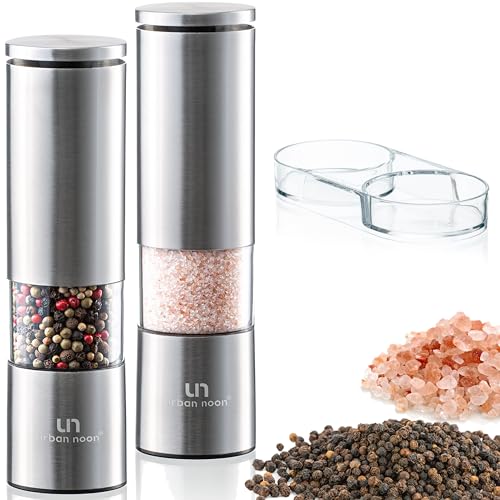 Salt and Pepper Grinder Set  Stainless Steel Pepper Grinder and Salt Grinder with Tray in Luxurious GiftBox  Manual Mills with Ceramic Grinders and Adjustable Coarseness Set of 2 plus Tray