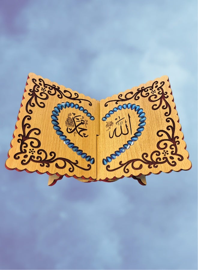 Fianser Decorative Wooden Quran Stand with Blue Beads Accents – Intricate Carved Rehal Book Rest – Portable X-Shape Holder for Muslim Home Decor - Image 1