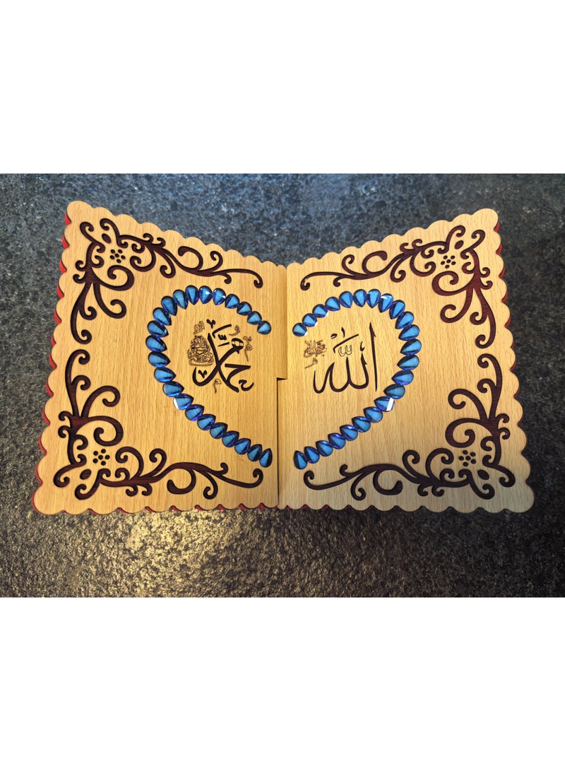 Fianser Decorative Wooden Quran Stand with Blue Beads Accents – Intricate Carved Rehal Book Rest – Portable X-Shape Holder for Muslim Home Decor - Image 3