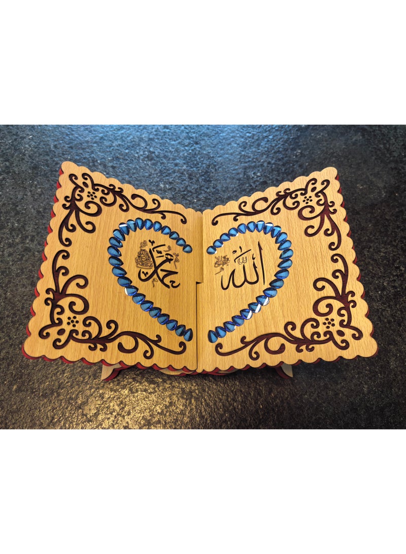 Fianser Decorative Wooden Quran Stand with Blue Beads Accents – Intricate Carved Rehal Book Rest – Portable X-Shape Holder for Muslim Home Decor - Image 4