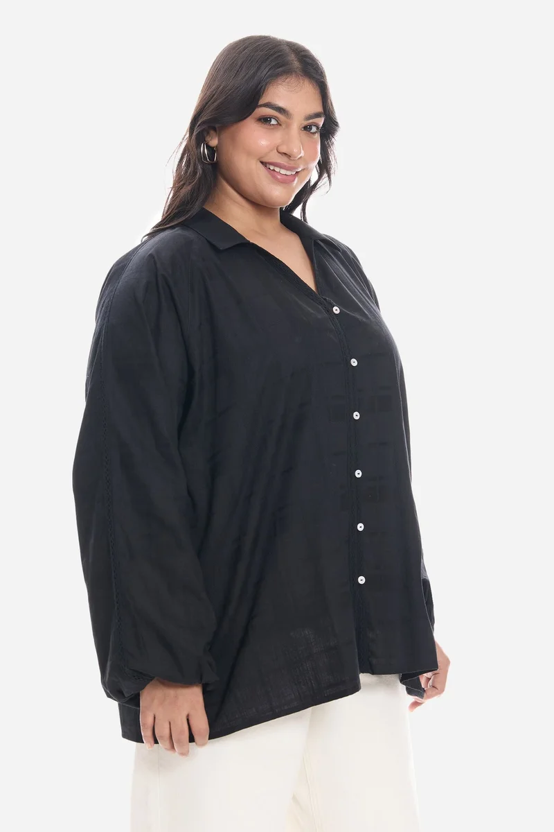 Virgio Black Solid Cotton Lace Embellished Plus Size Shirt for Women for Women | Best Price UAE