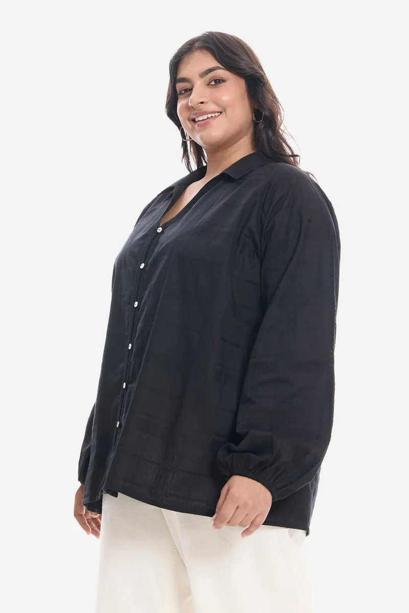 Virgio Black Solid Cotton Lace Embellished Plus Size Shirt for Women for Women | Best Price UAE