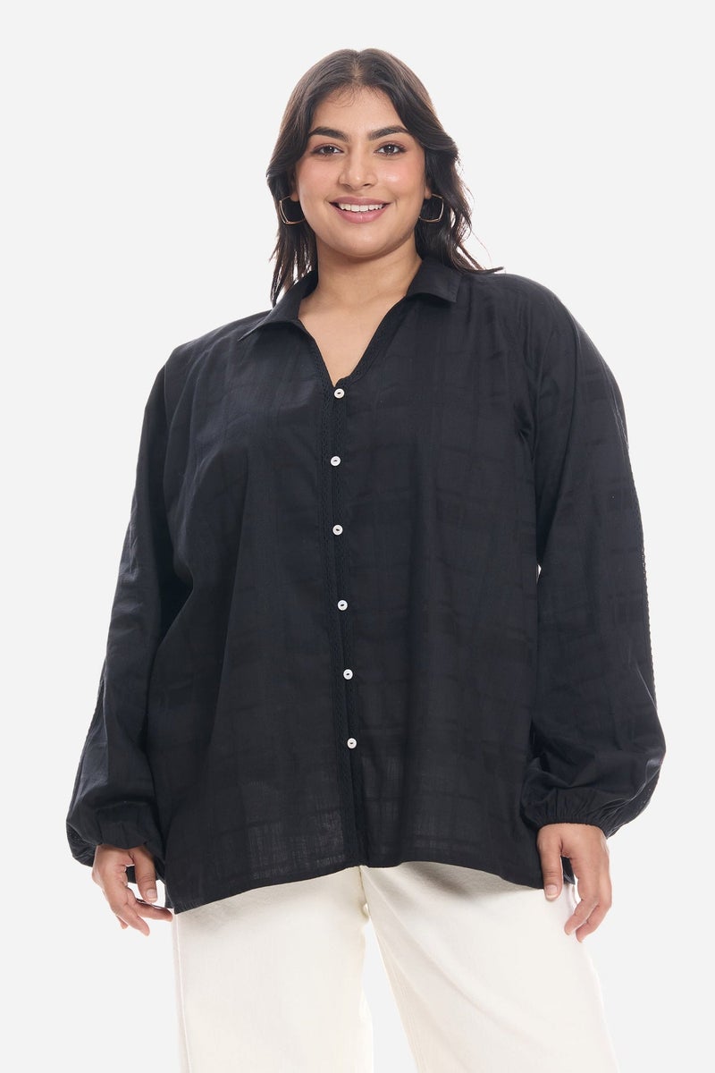 Virgio Solid Cotton Lace Embellished Plus Size Shirt for Women - Image 1