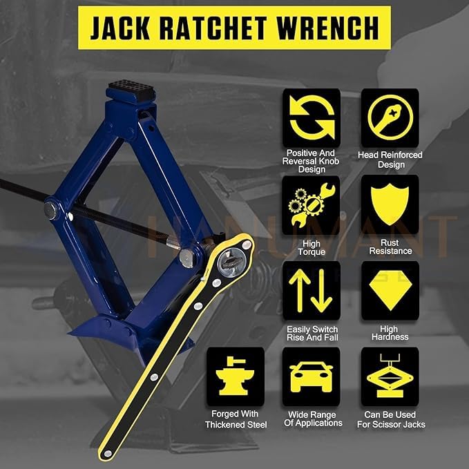 GNEY Heavy Duty Universal Ratchet Scissor Jack Handle Wrench – 13.4" Car Jack Crank Tool with Socket Adapter | Durable Steel Tire Lift Repair Tool for Vehicle, SUV, Trailer, Van, and RV – Yellow & Black - Image 5