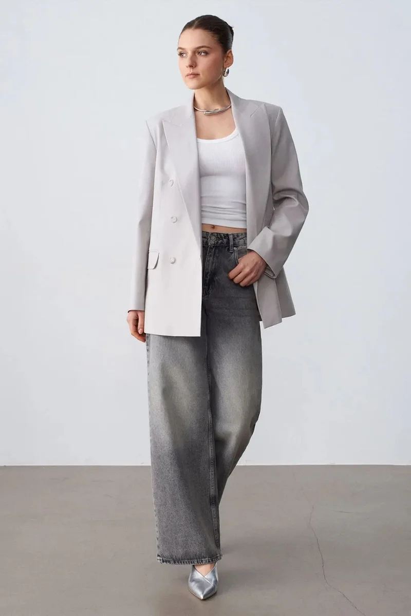 Dilvin Light Grey DILVIN Long Crepe Blazer Jacket for Women | Best Price UAE