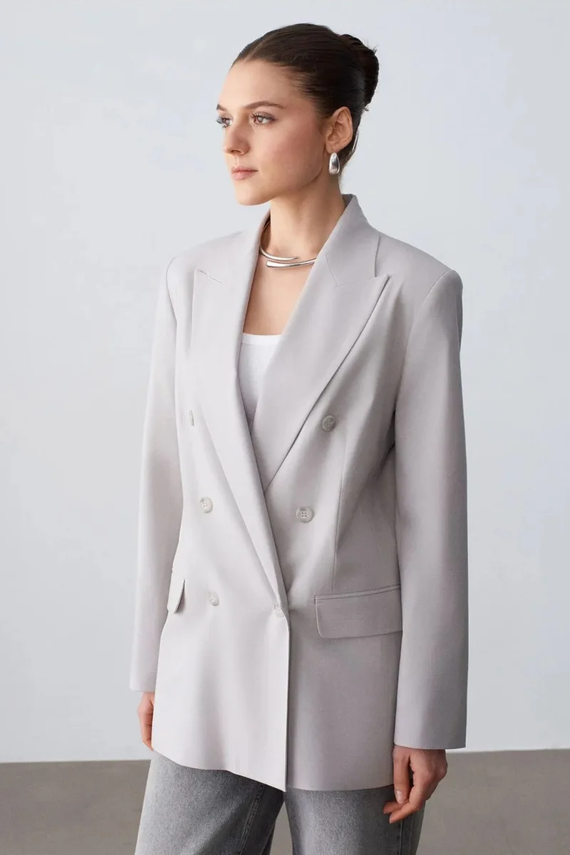 Dilvin Light Grey DILVIN Long Crepe Blazer Jacket for Women | Best Price UAE